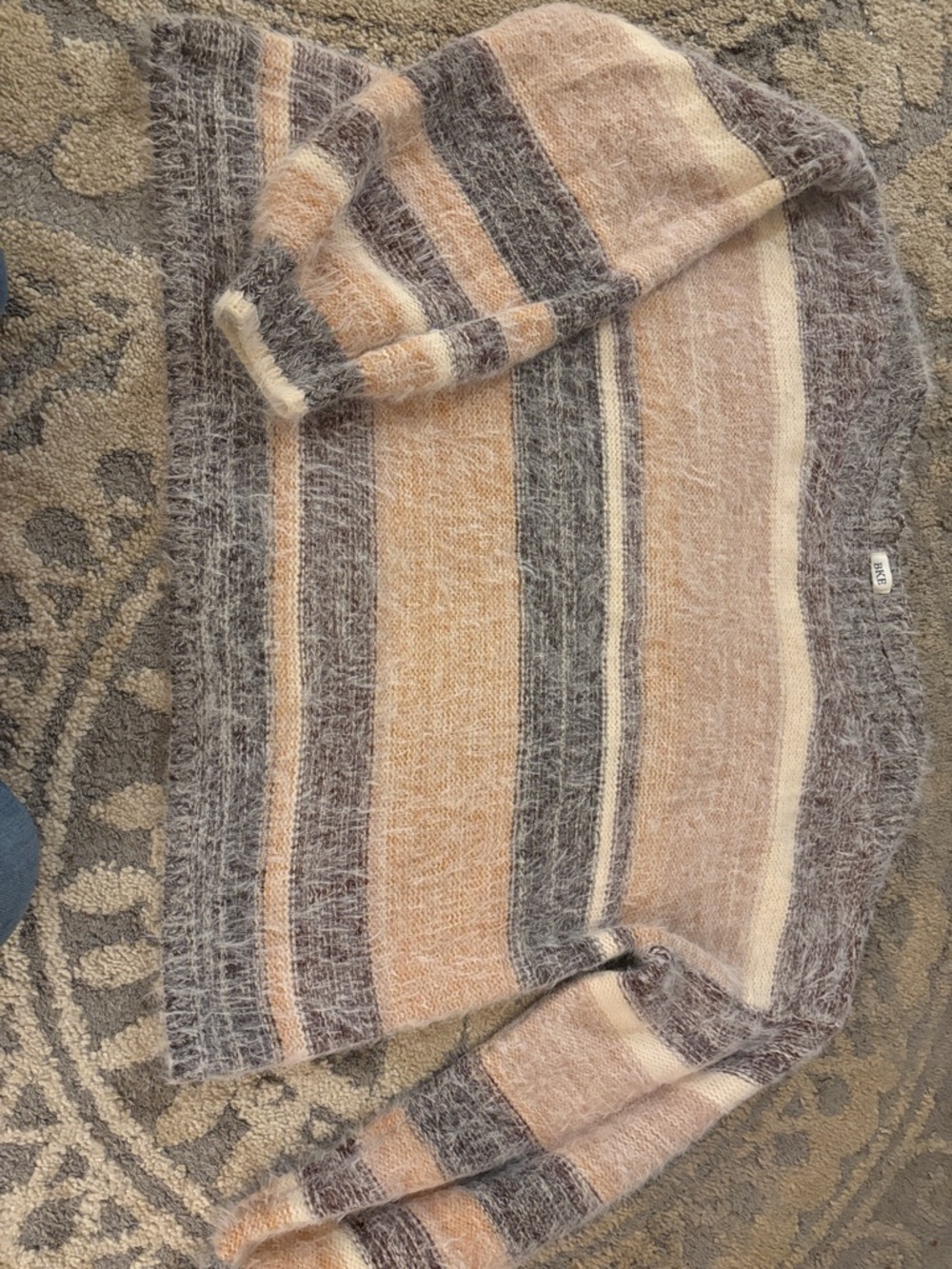 BKE Striped Scoop Neck Sweater in Beige, Gray and Cream